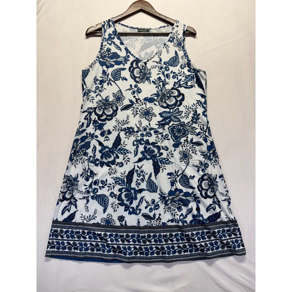 Ofeefan A Line Dress Womens Large Blue White Floral Print Sleeveless V Neck